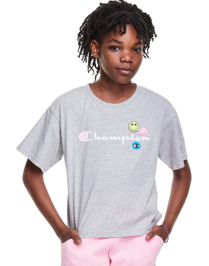 Champion Girls T-Shirt NZ - Boxy Smiley Face Grey ( 6325-NIDKW )